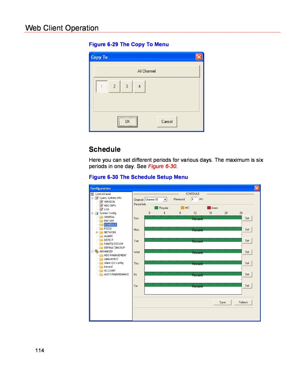 Honeywell HSVR-04, HSVR-16 user manual Web Client Operation, 29 The Copy To Menu, 30 The Schedule Setup Menu 