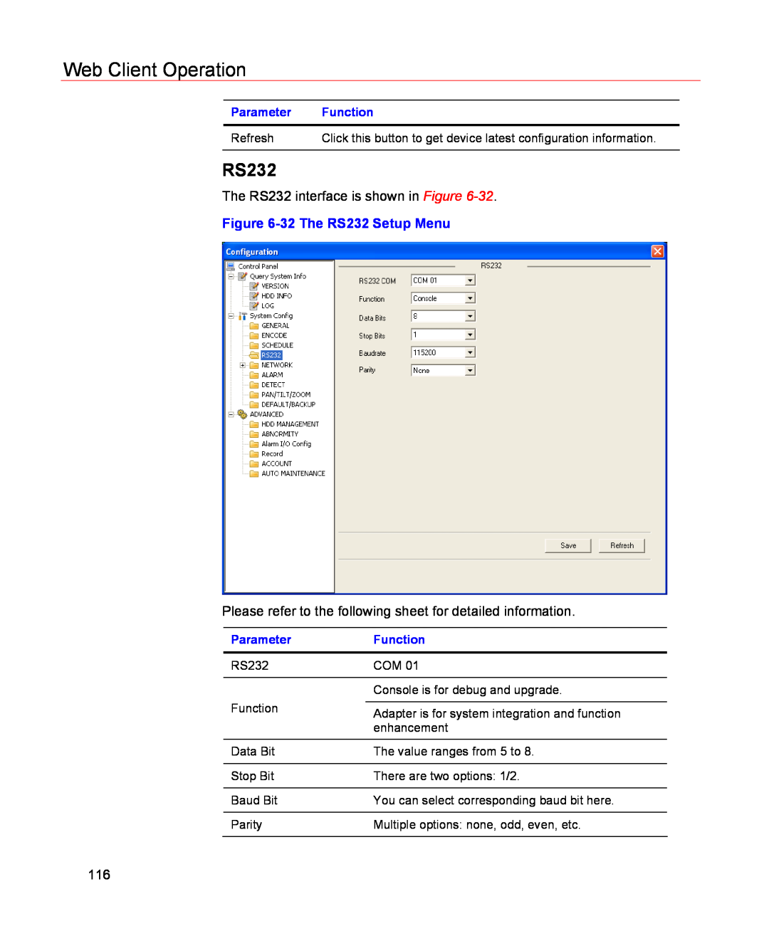 Honeywell HSVR-04, HSVR-16 user manual Web Client Operation, 32 The RS232 Setup Menu, Parameter Function 