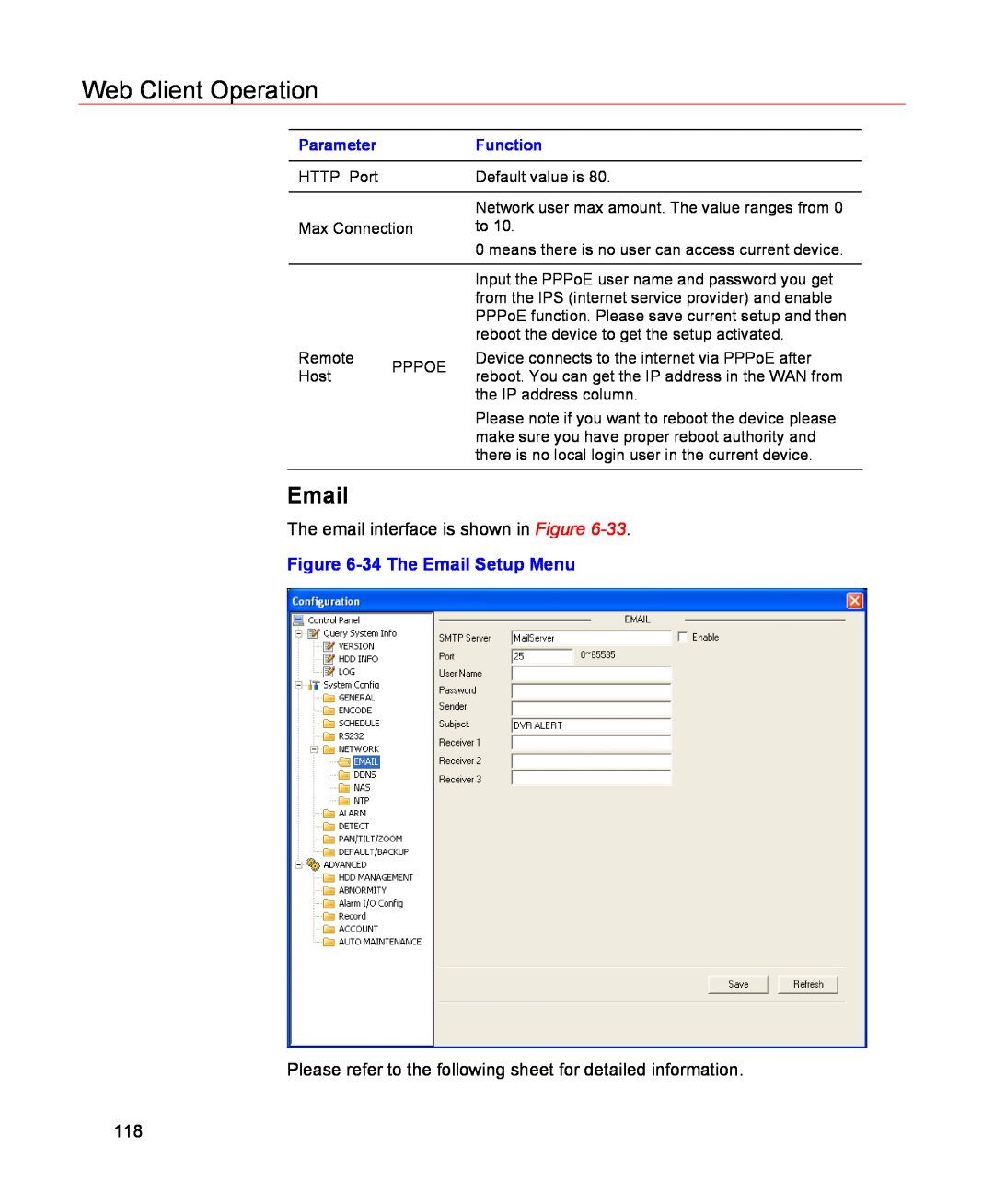 Honeywell HSVR-04, HSVR-16 user manual Web Client Operation, 34 The Email Setup Menu, Parameter, Function 