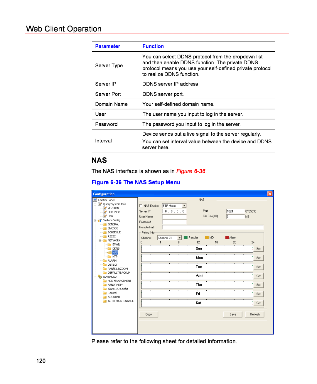 Honeywell HSVR-04, HSVR-16 user manual Web Client Operation, 36 The NAS Setup Menu, Parameter, Function 