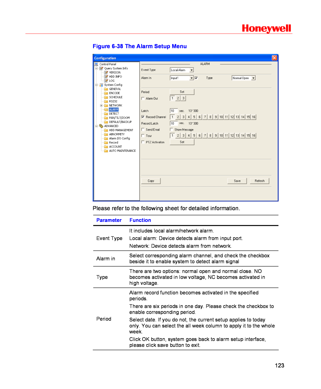 Honeywell HSVR-16, HSVR-04 user manual Honeywell, 38 The Alarm Setup Menu, Parameter, Function 