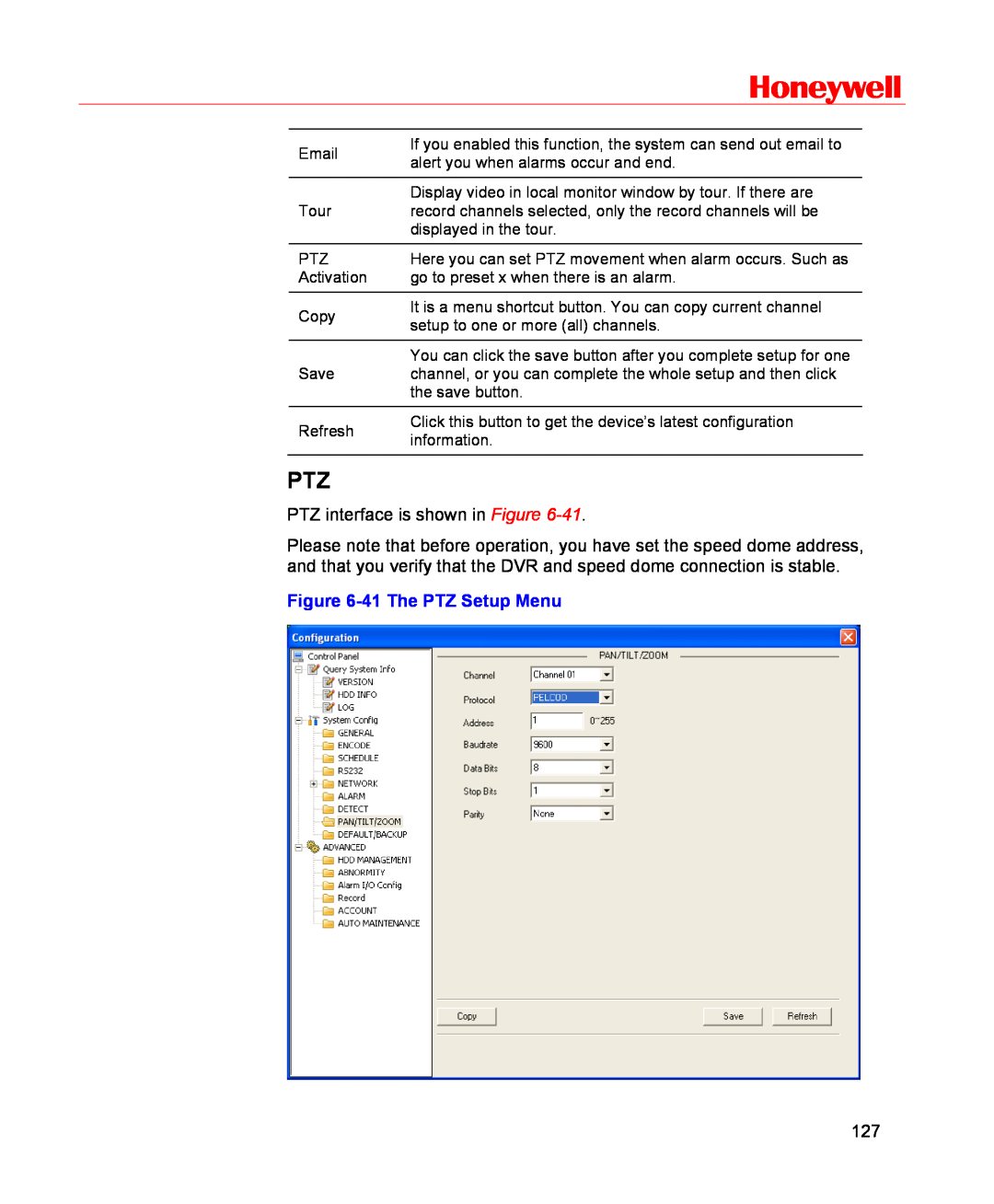 Honeywell HSVR-16, HSVR-04 user manual Honeywell, 41 The PTZ Setup Menu 