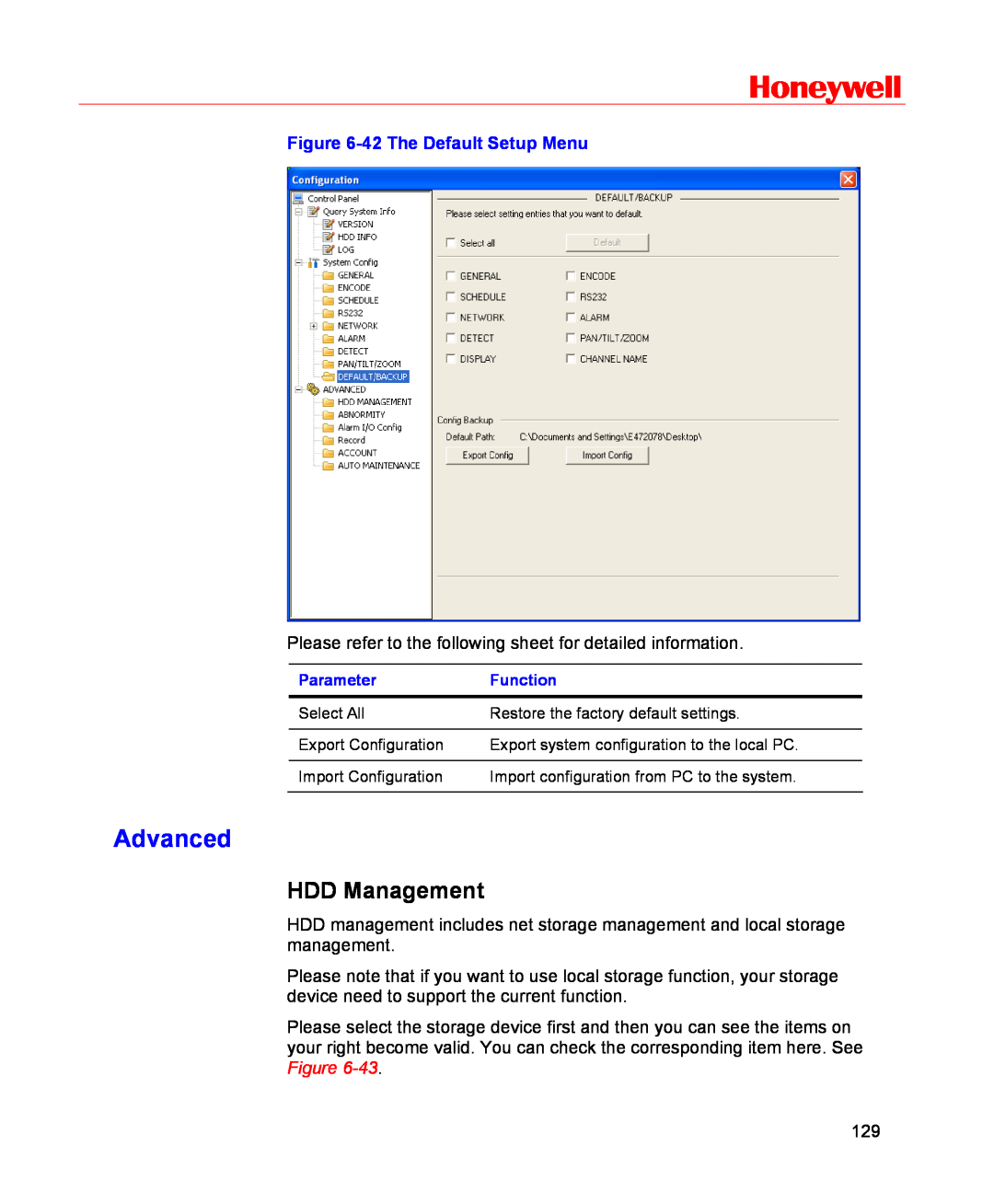 Honeywell HSVR-16, HSVR-04 user manual Advanced, HDD Management, Honeywell, 42 The Default Setup Menu 