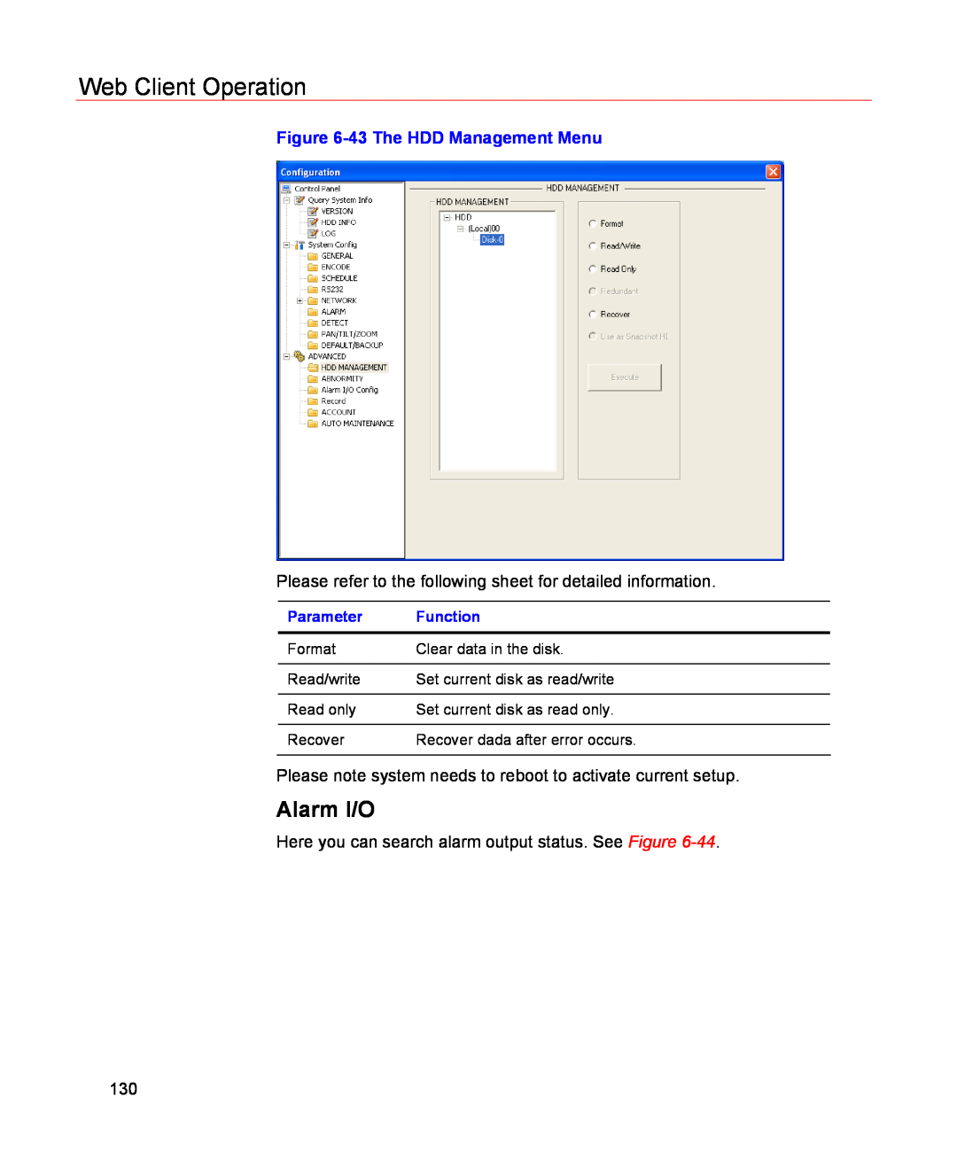 Honeywell HSVR-04, HSVR-16 user manual Alarm I/O, Web Client Operation, 43 The HDD Management Menu, Parameter, Function 