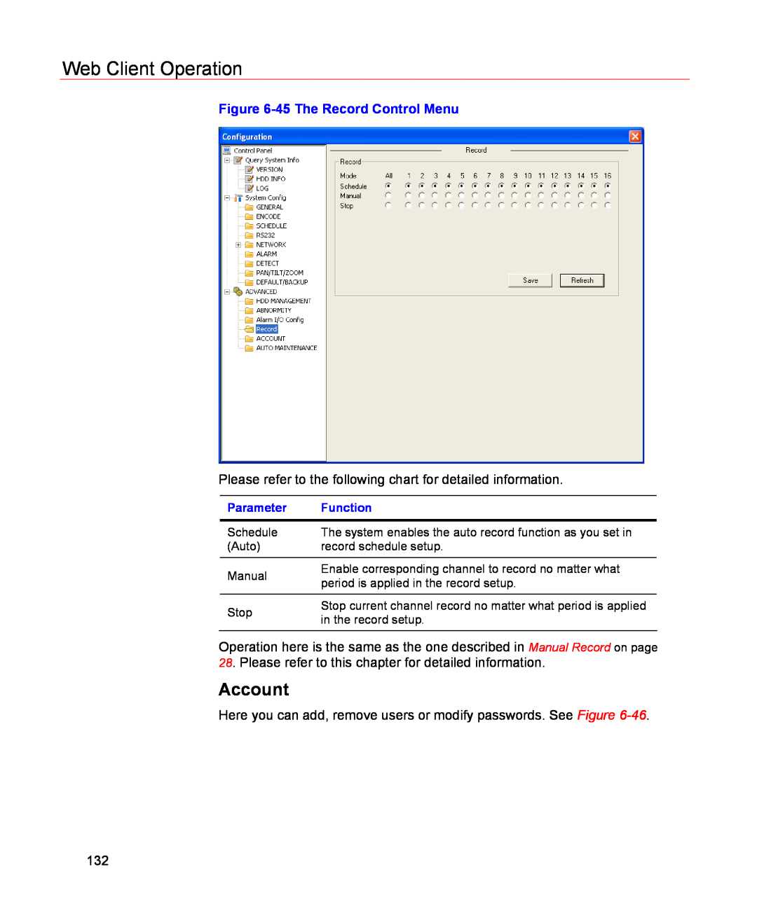 Honeywell HSVR-04, HSVR-16 user manual Account, Web Client Operation, 45 The Record Control Menu 