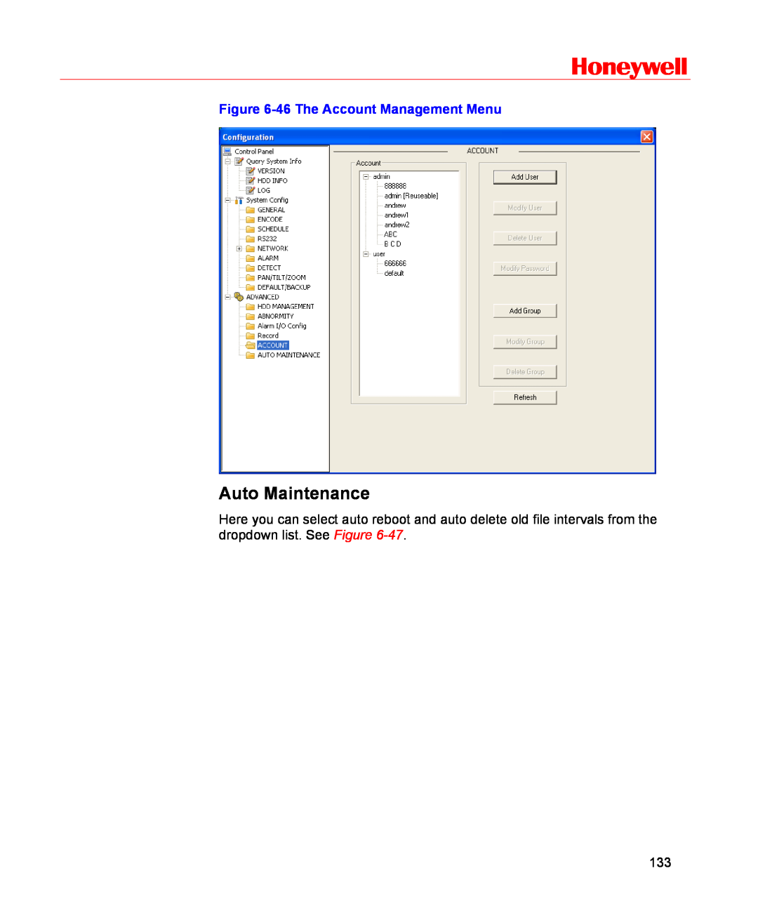 Honeywell HSVR-16, HSVR-04 user manual Auto Maintenance, Honeywell, 46 The Account Management Menu 