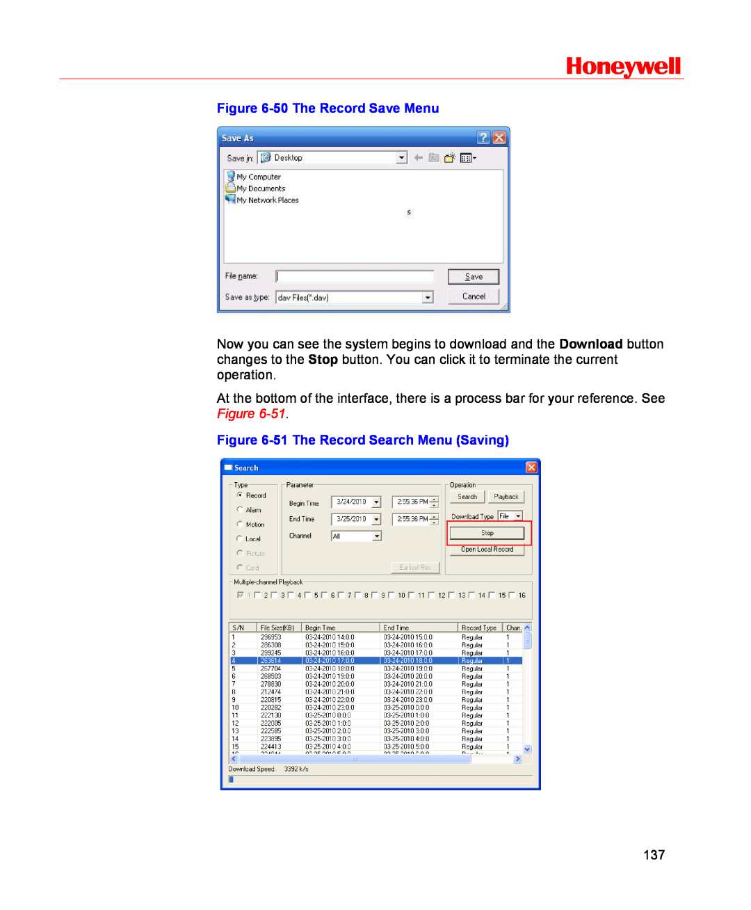 Honeywell HSVR-16, HSVR-04 user manual Honeywell, 50 The Record Save Menu, 51 The Record Search Menu Saving 