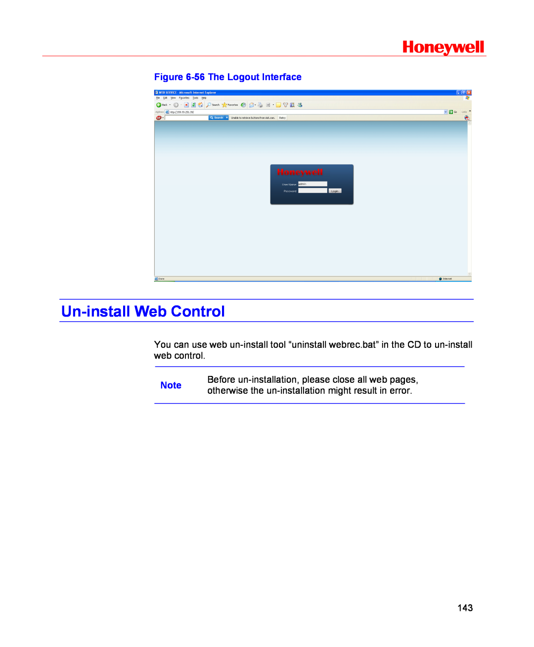 Honeywell HSVR-16, HSVR-04 user manual Un-install Web Control, Honeywell, 56 The Logout Interface 