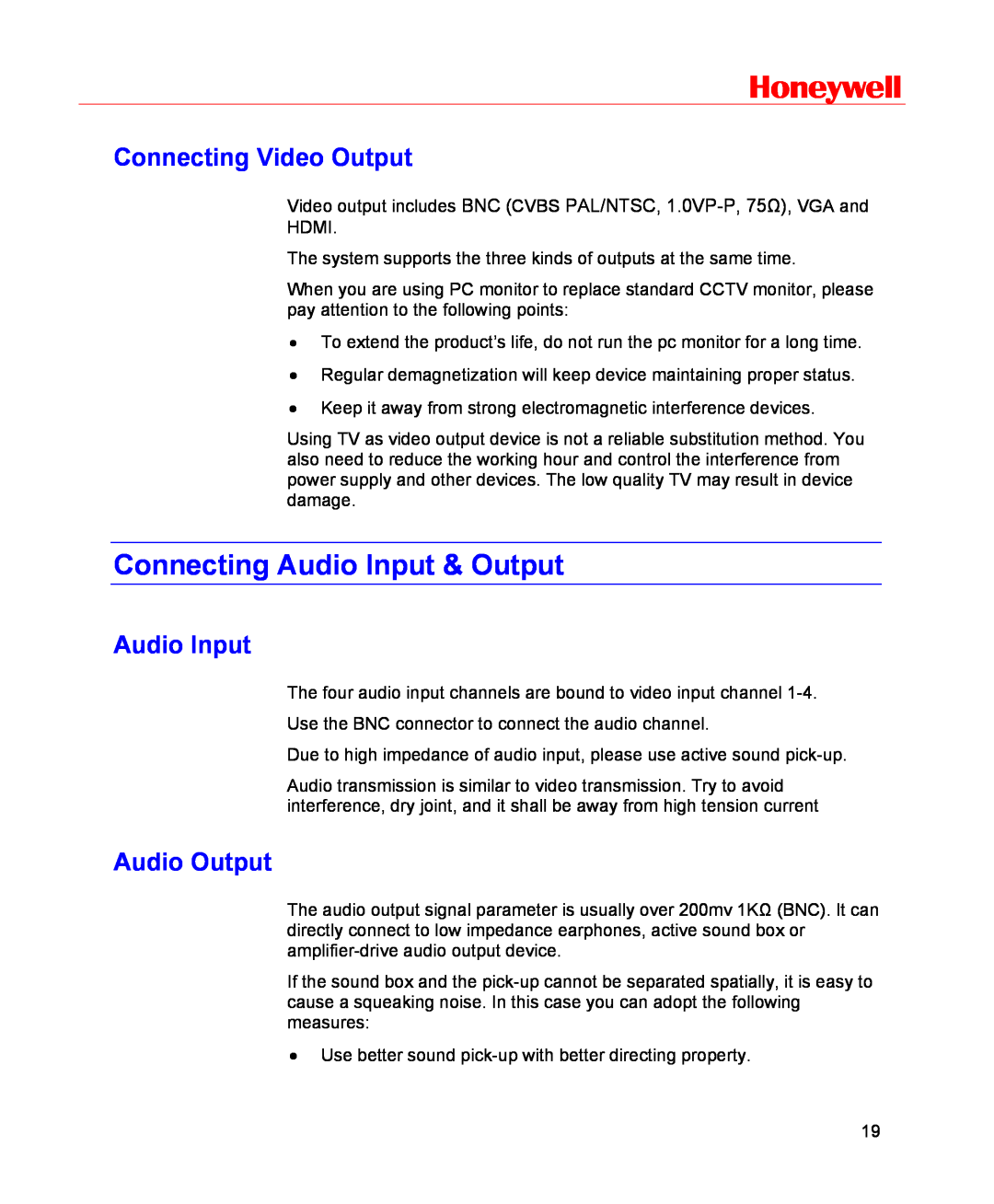 Honeywell HSVR-16, HSVR-04 user manual Connecting Audio Input & Output, Connecting Video Output, Audio Output, Honeywell 