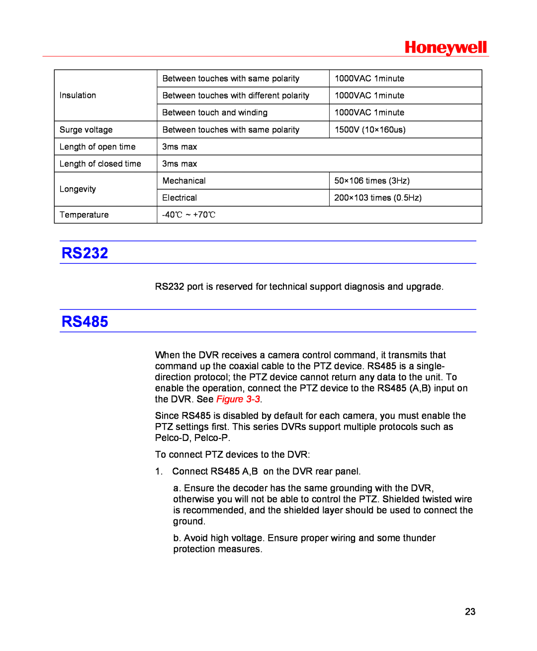 Honeywell HSVR-16, HSVR-04 user manual RS232, RS485, Honeywell 