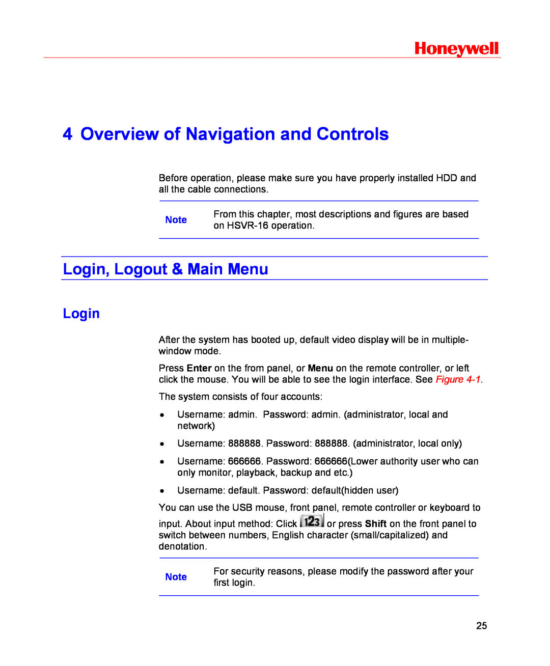 Honeywell HSVR-16, HSVR-04 user manual Overview of Navigation and Controls, Login, Logout & Main Menu, Honeywell 