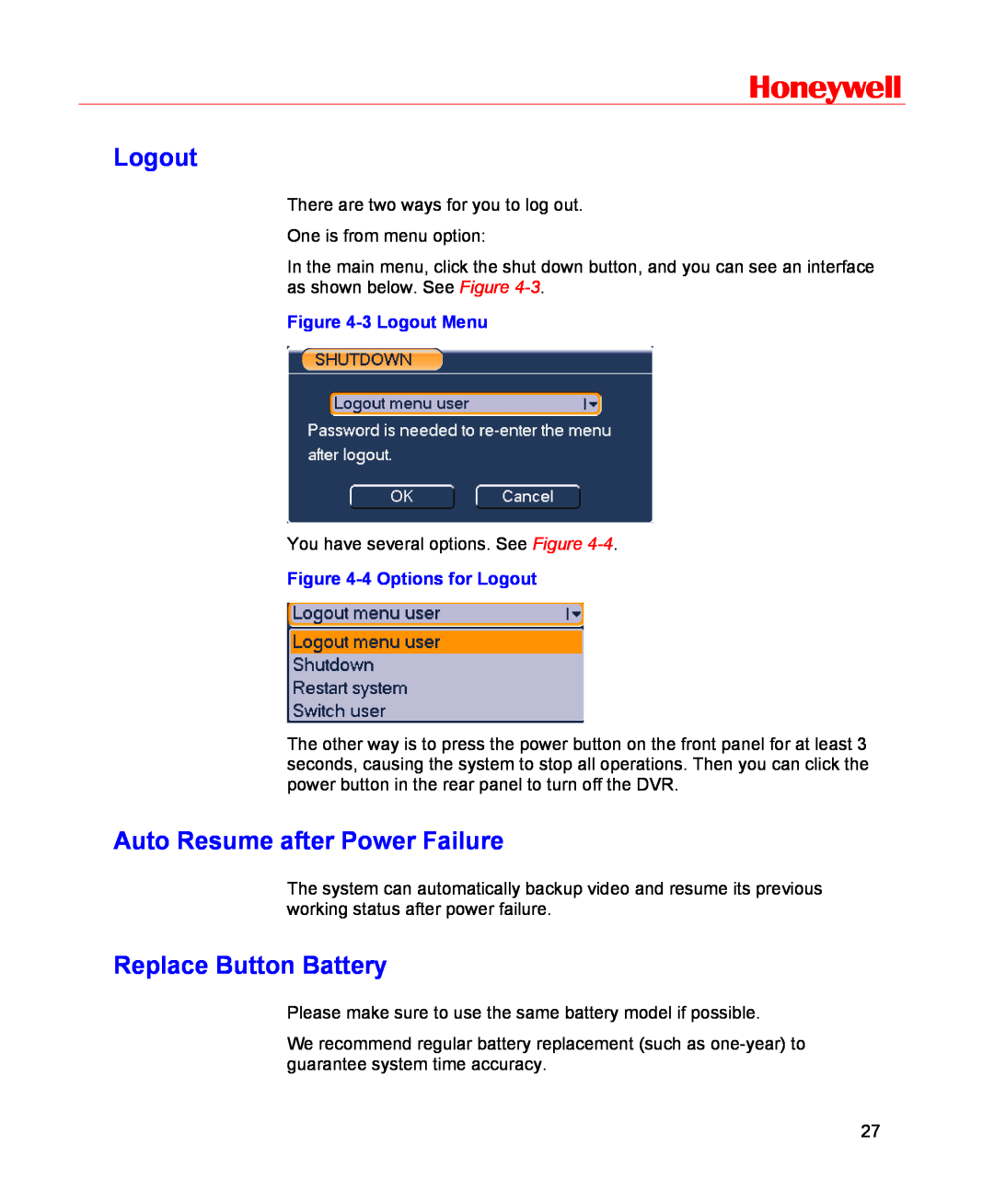 Honeywell HSVR-16, HSVR-04 user manual Auto Resume after Power Failure, Replace Button Battery, Honeywell, 3 Logout Menu 