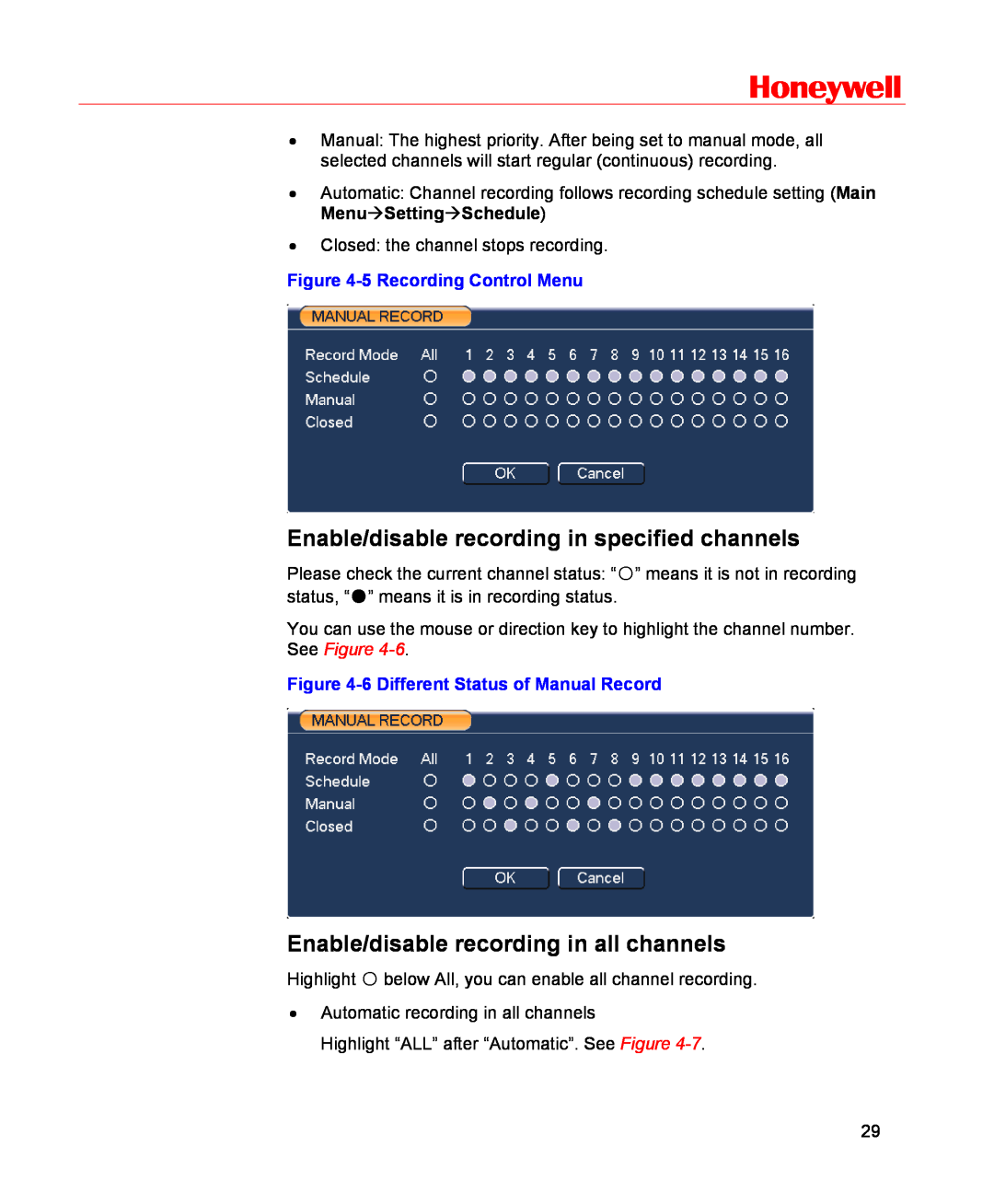 Honeywell HSVR-16 Enable/disable recording in specified channels, Enable/disable recording in all channels, Honeywell 