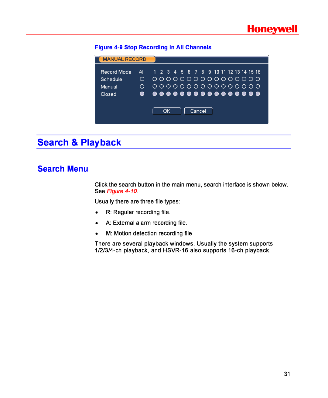 Honeywell HSVR-16, HSVR-04 Search & Playback, Search Menu, Honeywell, 9 Stop Recording in All Channels, See Figure 