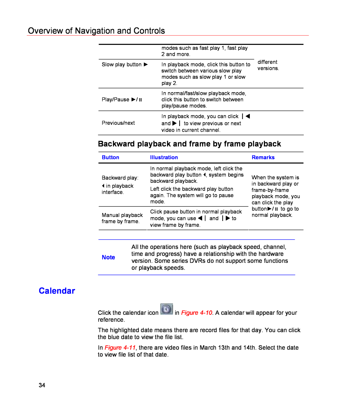 Honeywell HSVR-04, HSVR-16 Calendar, Backward playback and frame by frame playback, Overview of Navigation and Controls 