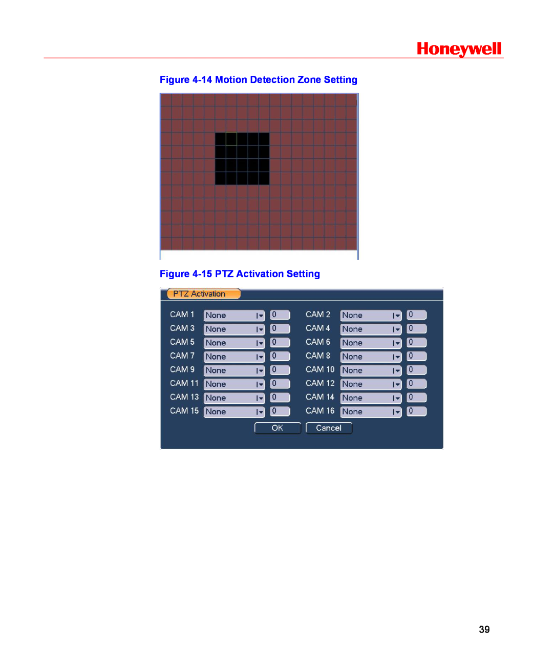Honeywell HSVR-16, HSVR-04 user manual Honeywell, 14 Motion Detection Zone Setting, 15 PTZ Activation Setting 