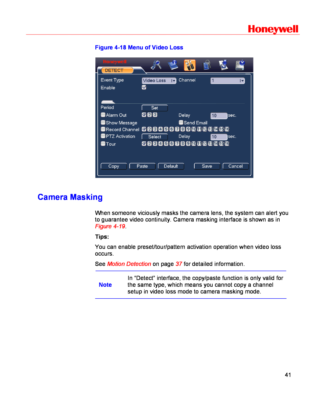 Honeywell HSVR-16, HSVR-04 user manual Camera Masking, Honeywell, 18 Menu of Video Loss, Tips 