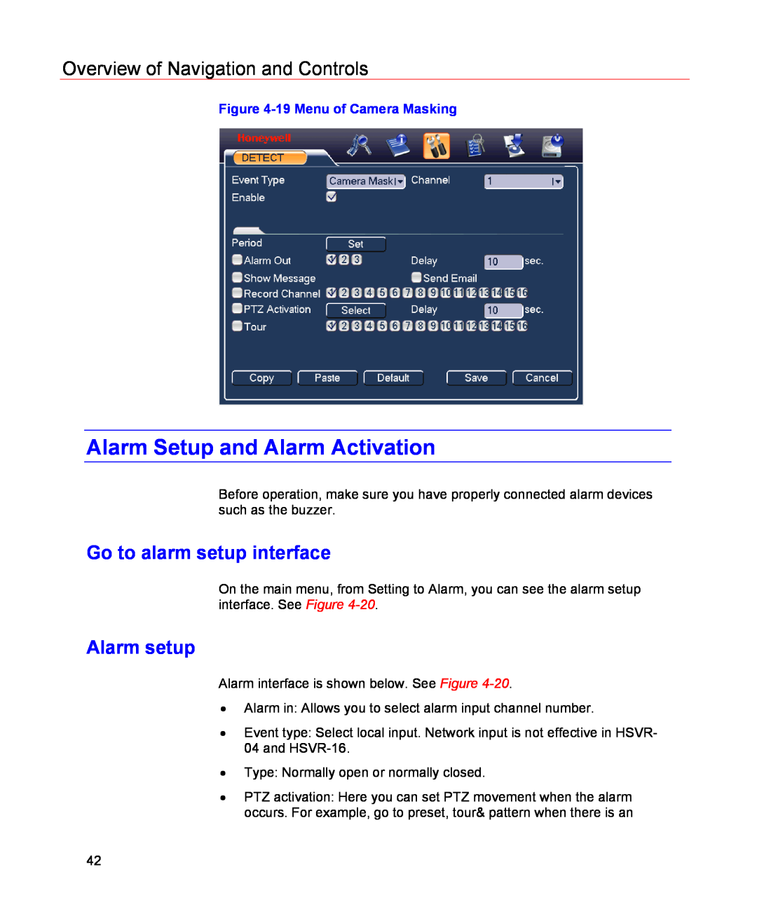 Honeywell HSVR-04 Alarm Setup and Alarm Activation, Go to alarm setup interface, Alarm setup, 19 Menu of Camera Masking 