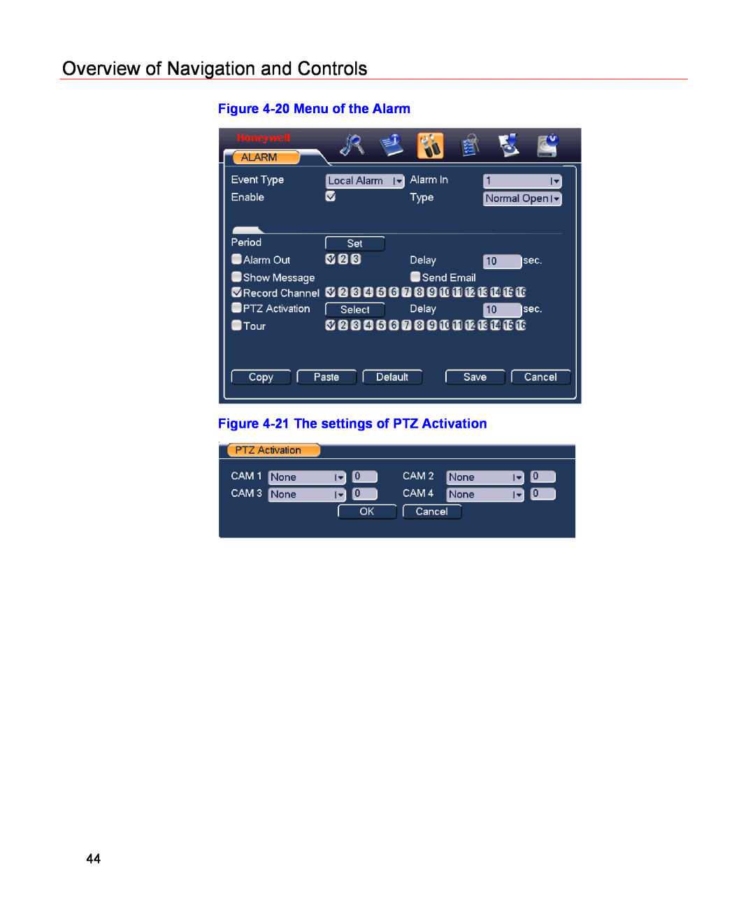 Honeywell HSVR-04, HSVR-16 Overview of Navigation and Controls, 20 Menu of the Alarm, 21 The settings of PTZ Activation 