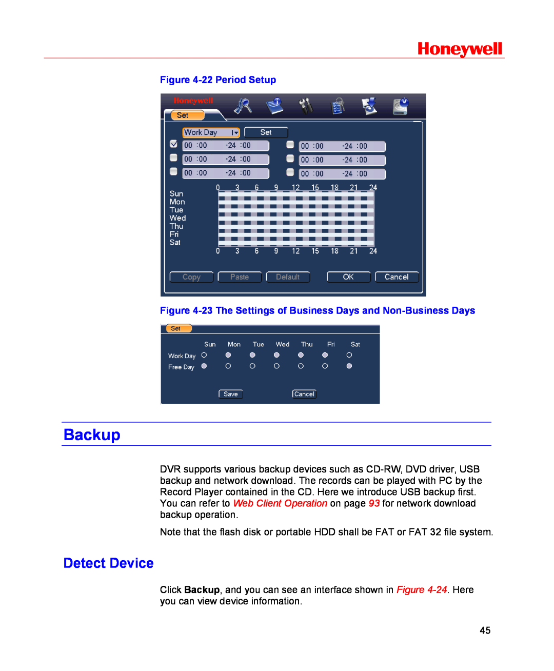 Honeywell HSVR-16, HSVR-04 user manual Backup, Detect Device, Honeywell, 22 Period Setup 