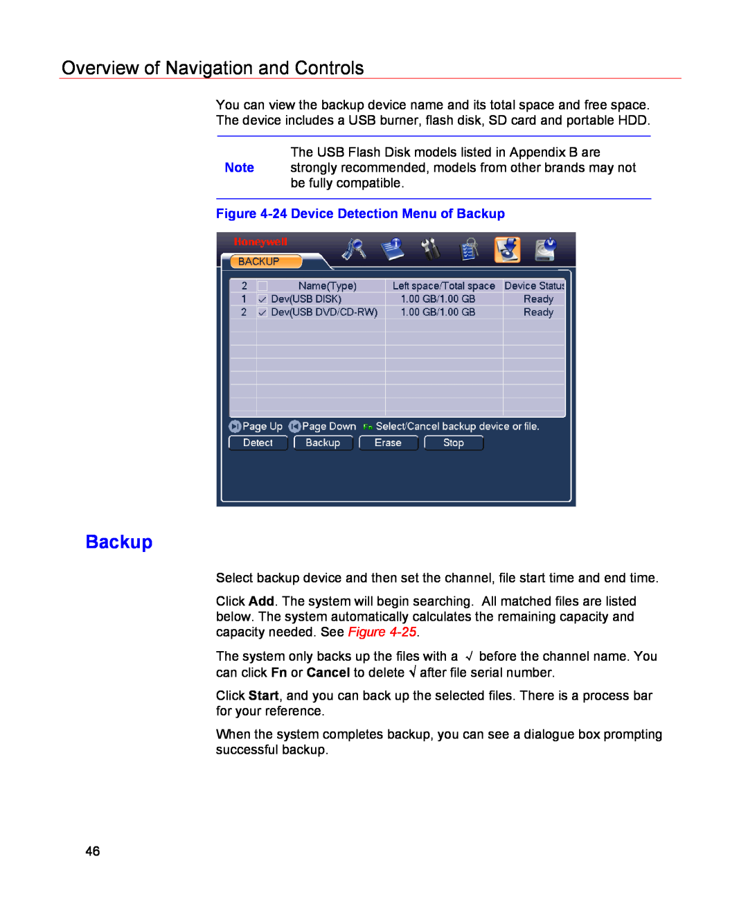 Honeywell HSVR-04, HSVR-16 user manual Overview of Navigation and Controls, 24 Device Detection Menu of Backup 