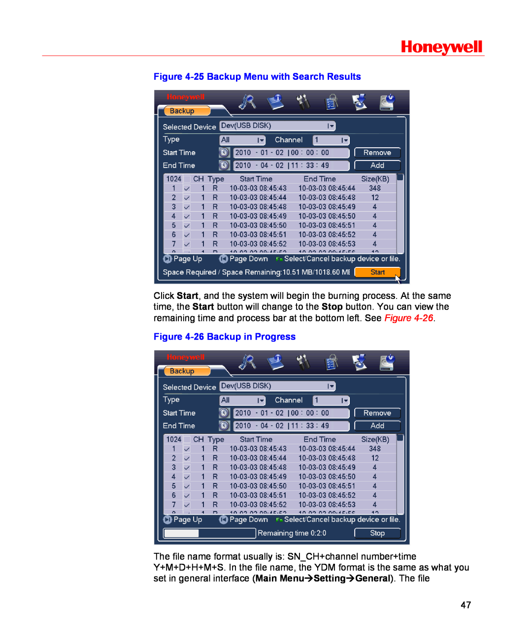 Honeywell HSVR-16, HSVR-04 user manual Honeywell, 25 Backup Menu with Search Results, 26 Backup in Progress 