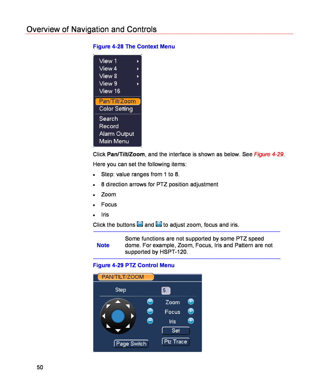 Honeywell HSVR-04, HSVR-16 user manual Overview of Navigation and Controls, 28 The Context Menu, 29 PTZ Control Menu 