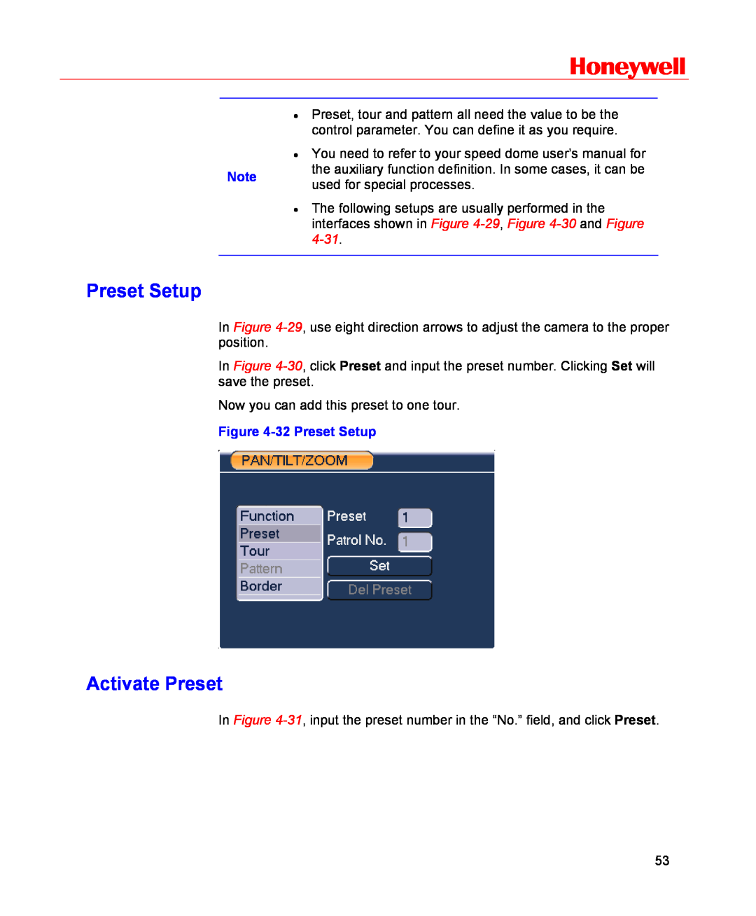 Honeywell HSVR-16, HSVR-04 Preset Setup, Activate Preset, Honeywell, interfaces shown in -29 , -30 and Figure, 4-31 