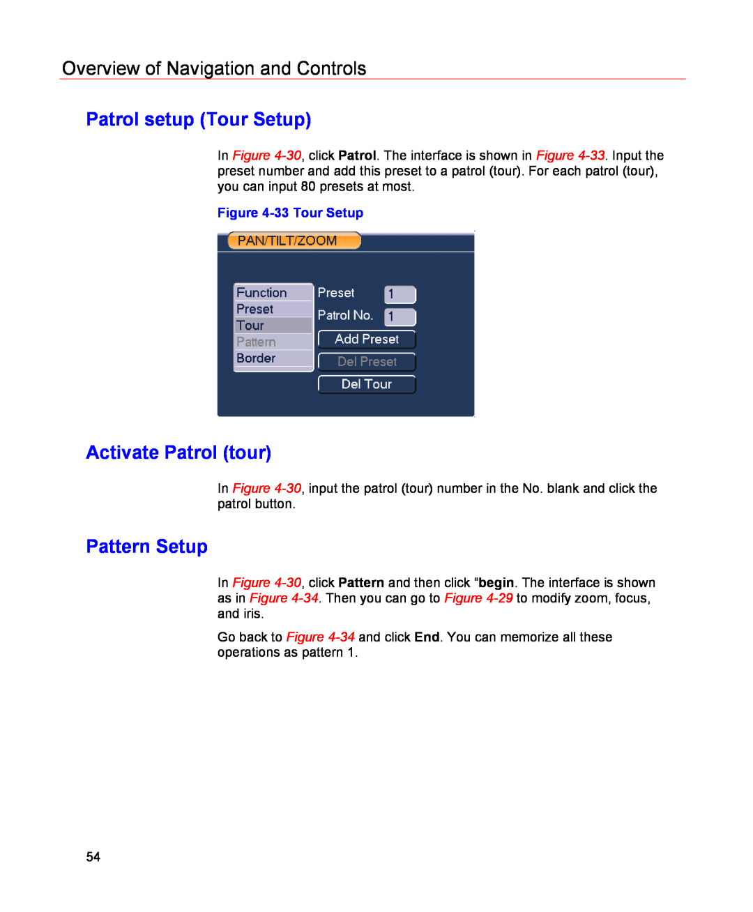 Honeywell HSVR-04 Patrol setup Tour Setup, Activate Patrol tour, Pattern Setup, Overview of Navigation and Controls 