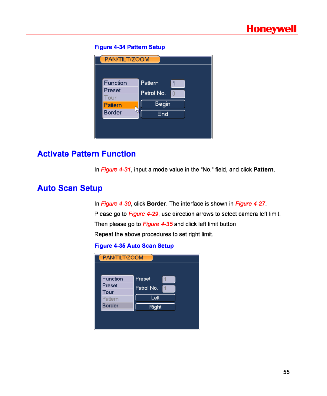 Honeywell HSVR-16, HSVR-04 user manual Activate Pattern Function, Honeywell, 34 Pattern Setup, 35 Auto Scan Setup 