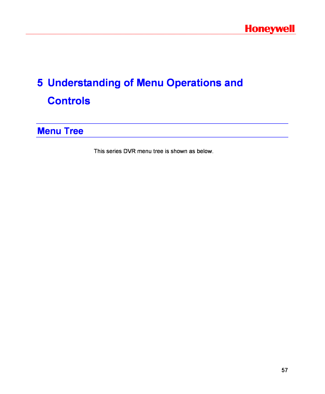 Honeywell HSVR-16, HSVR-04 user manual Understanding of Menu Operations and Controls, Menu Tree, Honeywell 