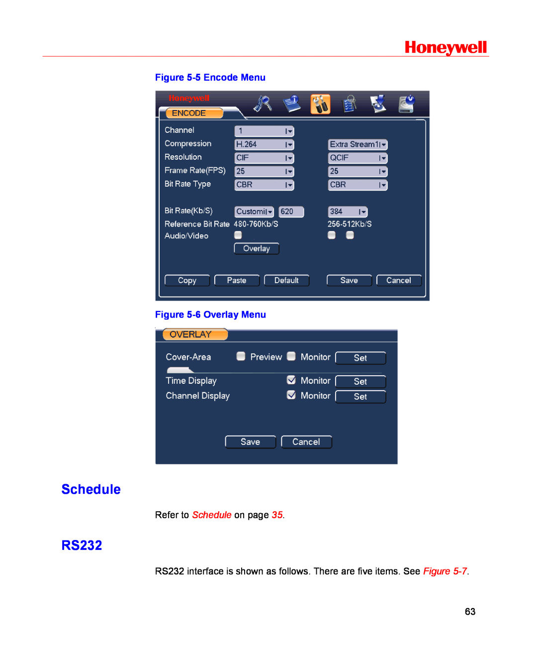 Honeywell HSVR-16, HSVR-04 user manual Schedule, RS232, Honeywell, 5 Encode Menu -6 Overlay Menu 
