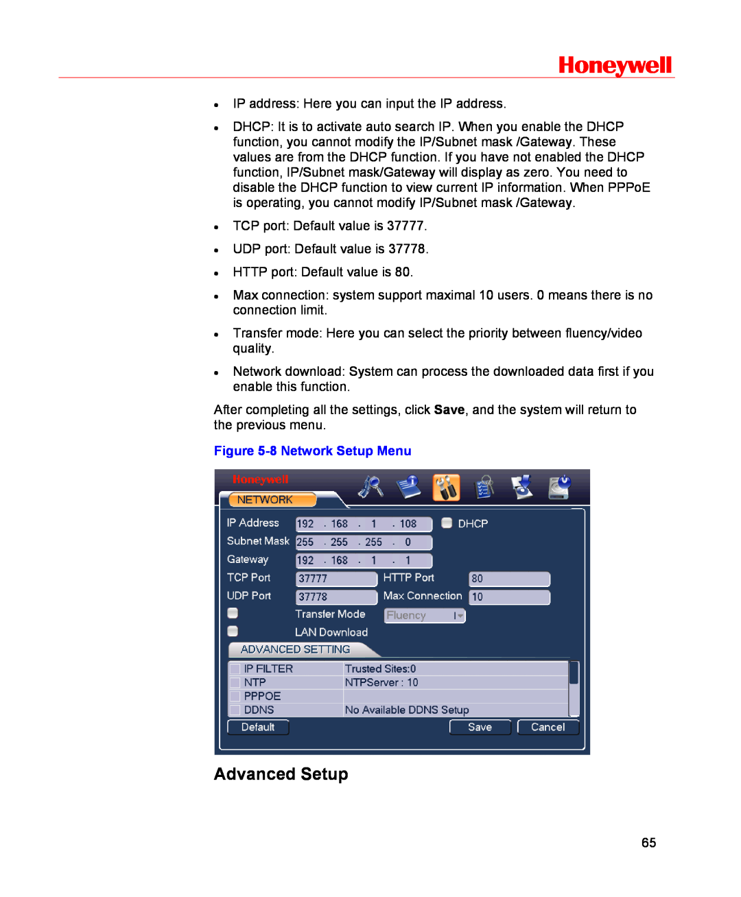 Honeywell HSVR-16, HSVR-04 user manual Advanced Setup, Honeywell, 8 Network Setup Menu 