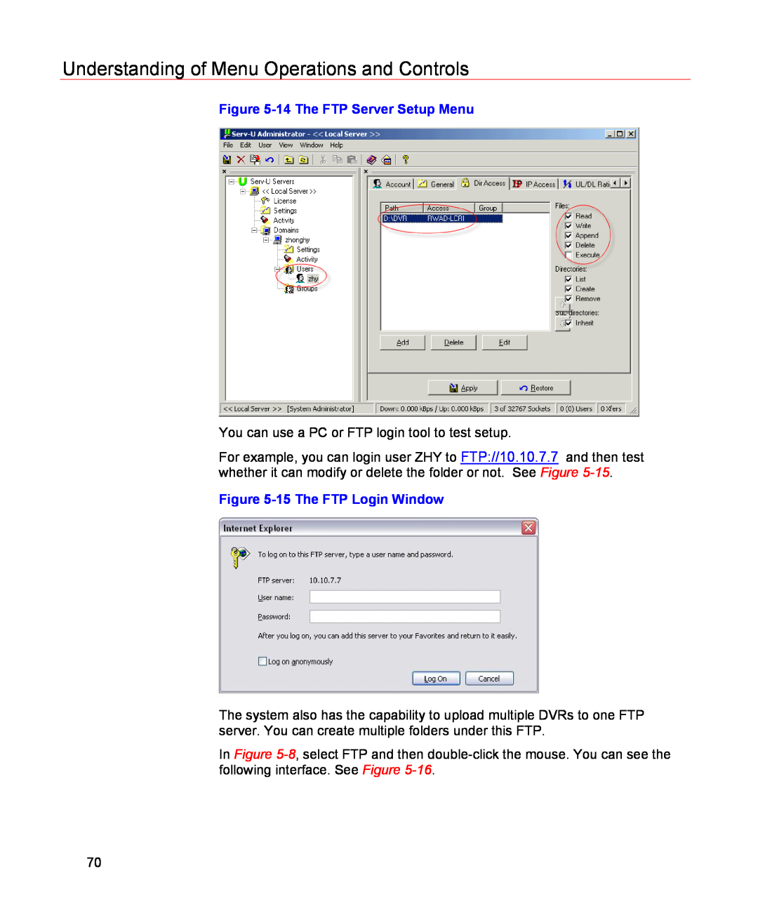 Honeywell HSVR-04 Understanding of Menu Operations and Controls, 14 The FTP Server Setup Menu, 15 The FTP Login Window 