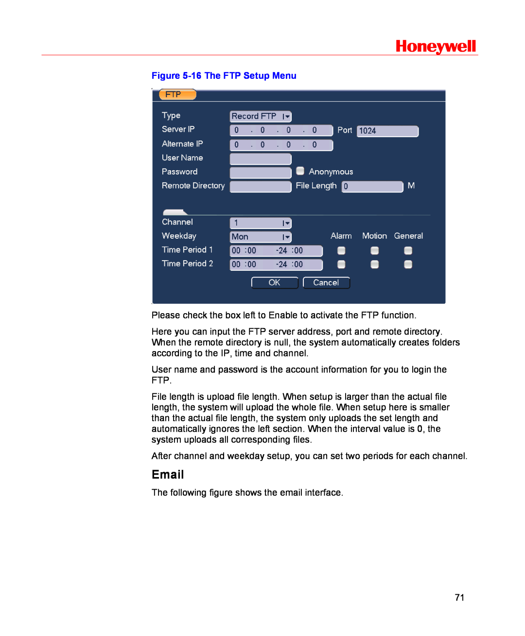 Honeywell HSVR-16, HSVR-04 user manual Email, Honeywell, 16 The FTP Setup Menu 