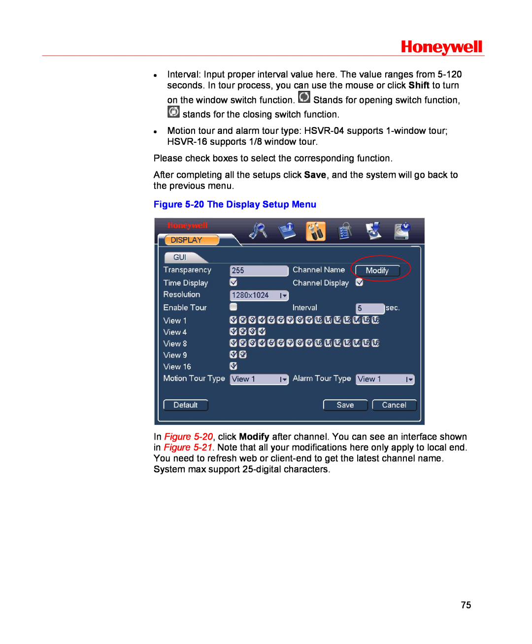 Honeywell HSVR-16, HSVR-04 user manual Honeywell, 20 The Display Setup Menu 