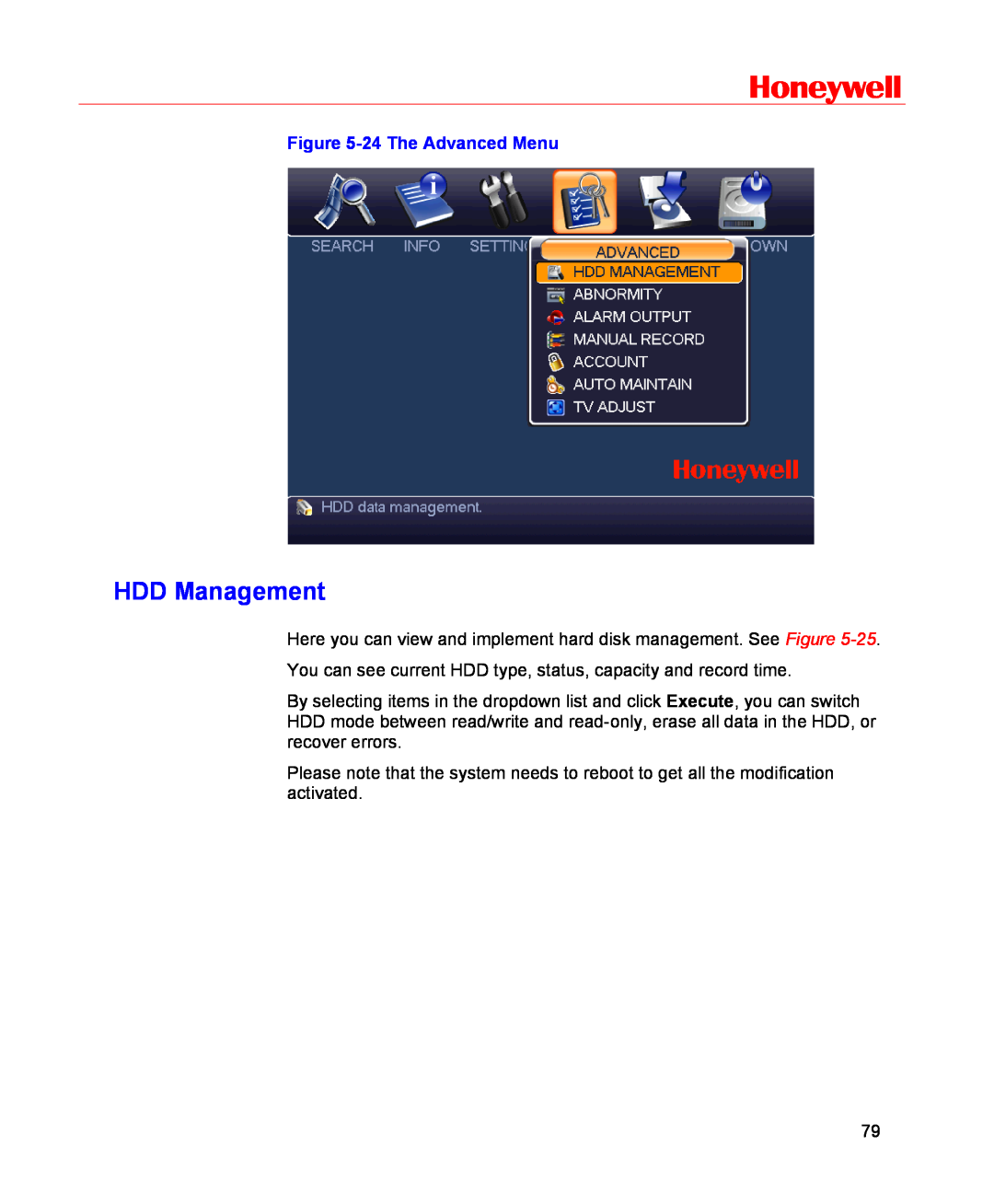Honeywell HSVR-16, HSVR-04 user manual HDD Management, Honeywell, 24 The Advanced Menu 