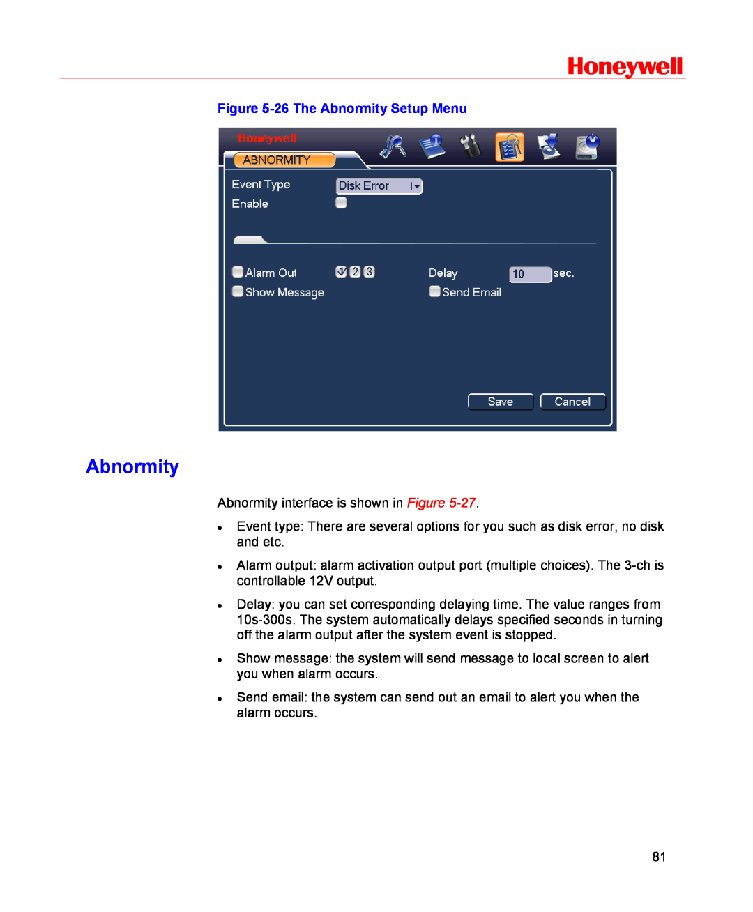 Honeywell HSVR-16, HSVR-04 user manual Honeywell, 26 The Abnormity Setup Menu 