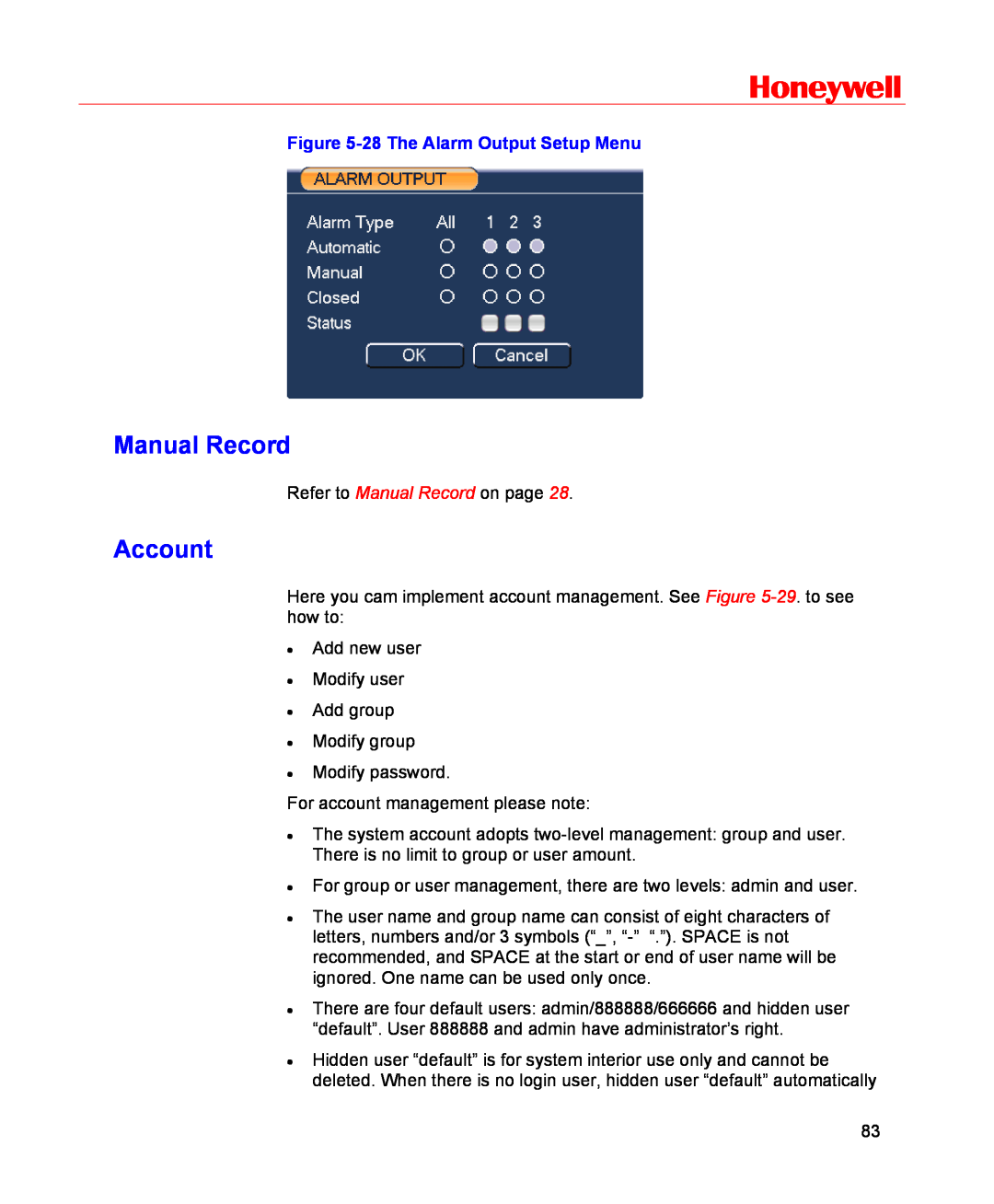 Honeywell HSVR-16, HSVR-04 user manual Account, Honeywell, Manual Record, 28 The Alarm Output Setup Menu 