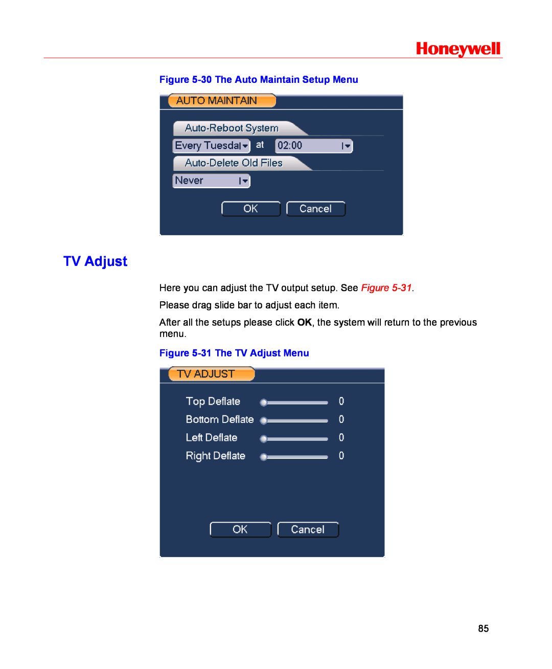 Honeywell HSVR-16, HSVR-04 user manual Honeywell, 30 The Auto Maintain Setup Menu, 31 The TV Adjust Menu 