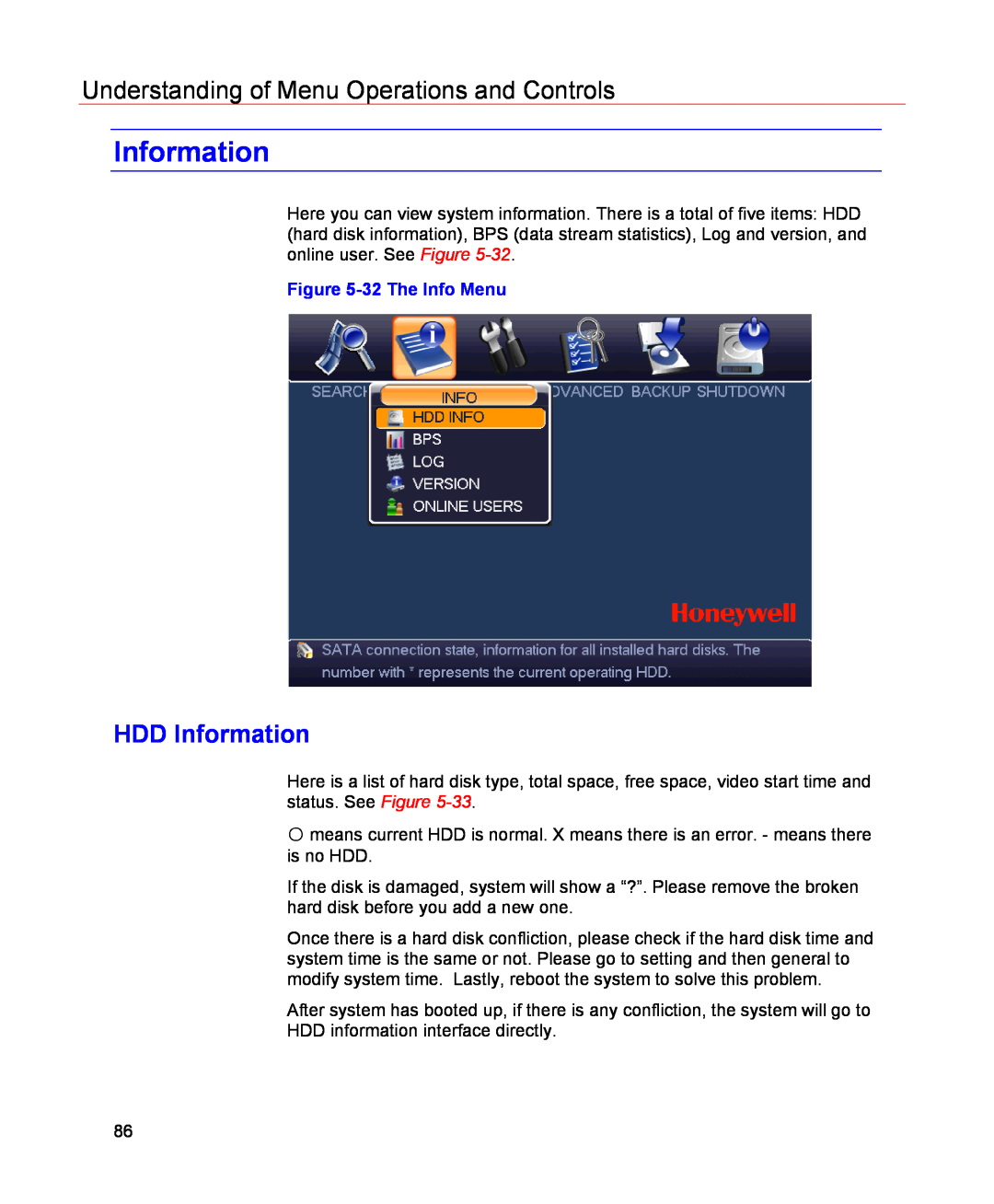 Honeywell HSVR-04, HSVR-16 user manual HDD Information, Understanding of Menu Operations and Controls, 32 The Info Menu 