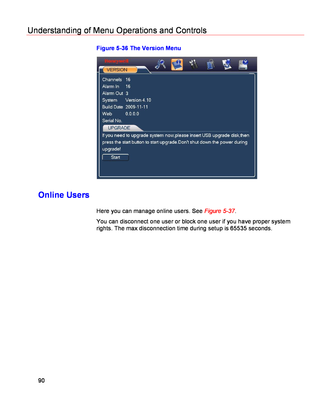 Honeywell HSVR-04, HSVR-16 user manual Online Users, Understanding of Menu Operations and Controls, 36 The Version Menu 