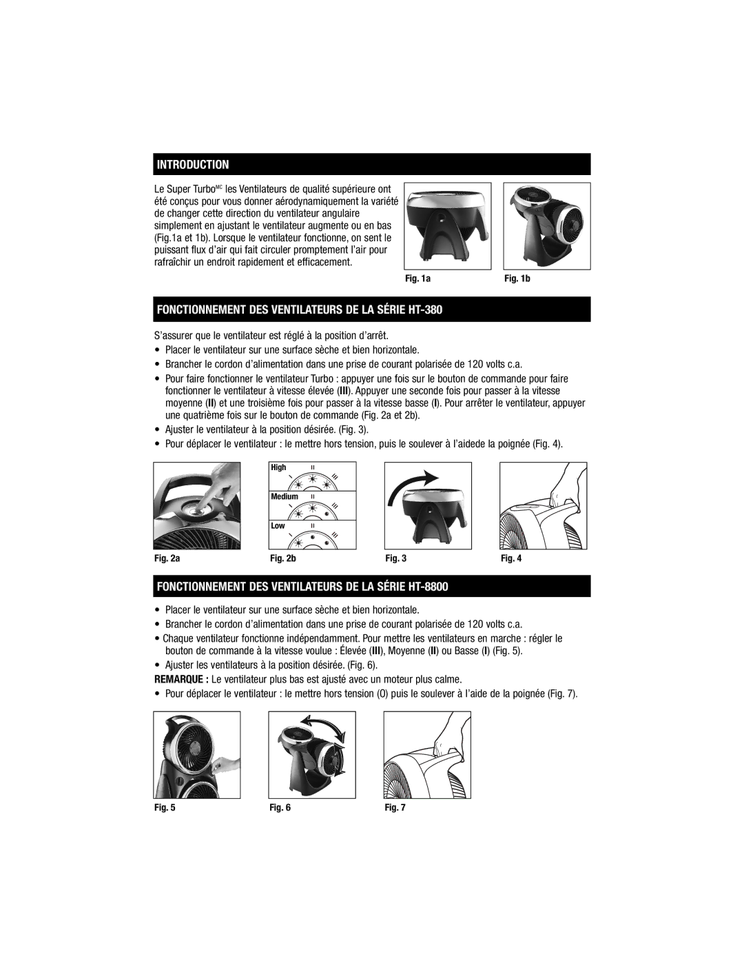 Honeywell HT-380 Series, HT-8800 Series owner manual Fonctionnement DES Ventilateurs DE LA Série HT-380 