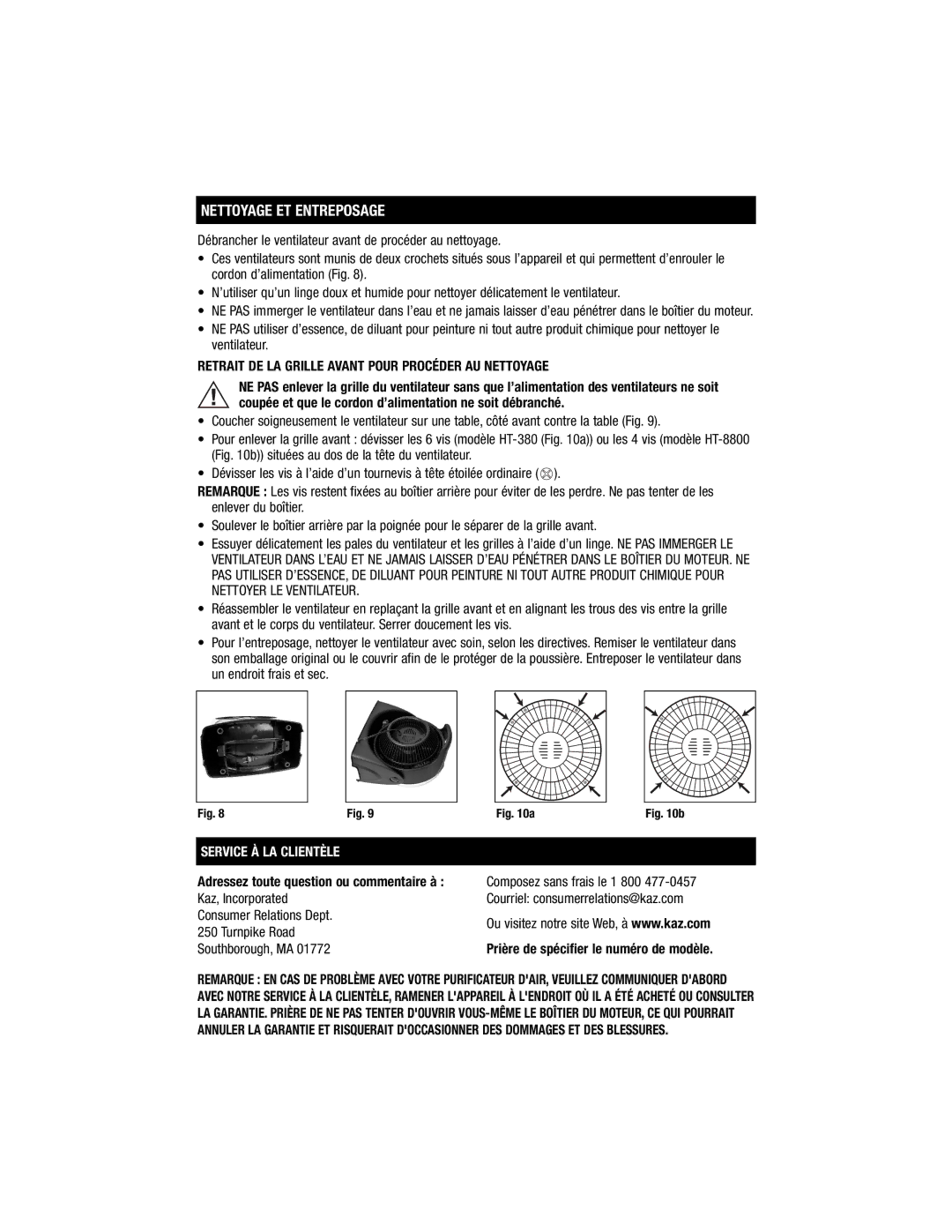 Honeywell HT-8800 Series Nettoyage ET Entreposage, Service À LA Clientèle, Prière de spécifier le numéro de modèle 