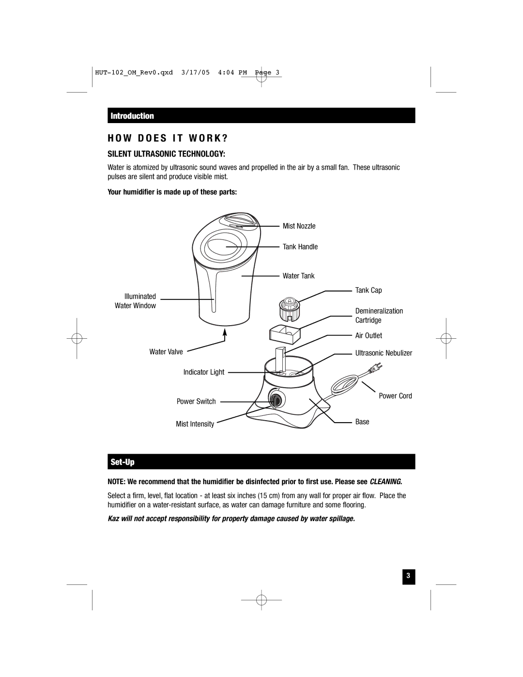 Honeywell HUT-102 Introduction, Silent Ultrasonic Technology, Set-Up, Your humidifier is made up of these parts 