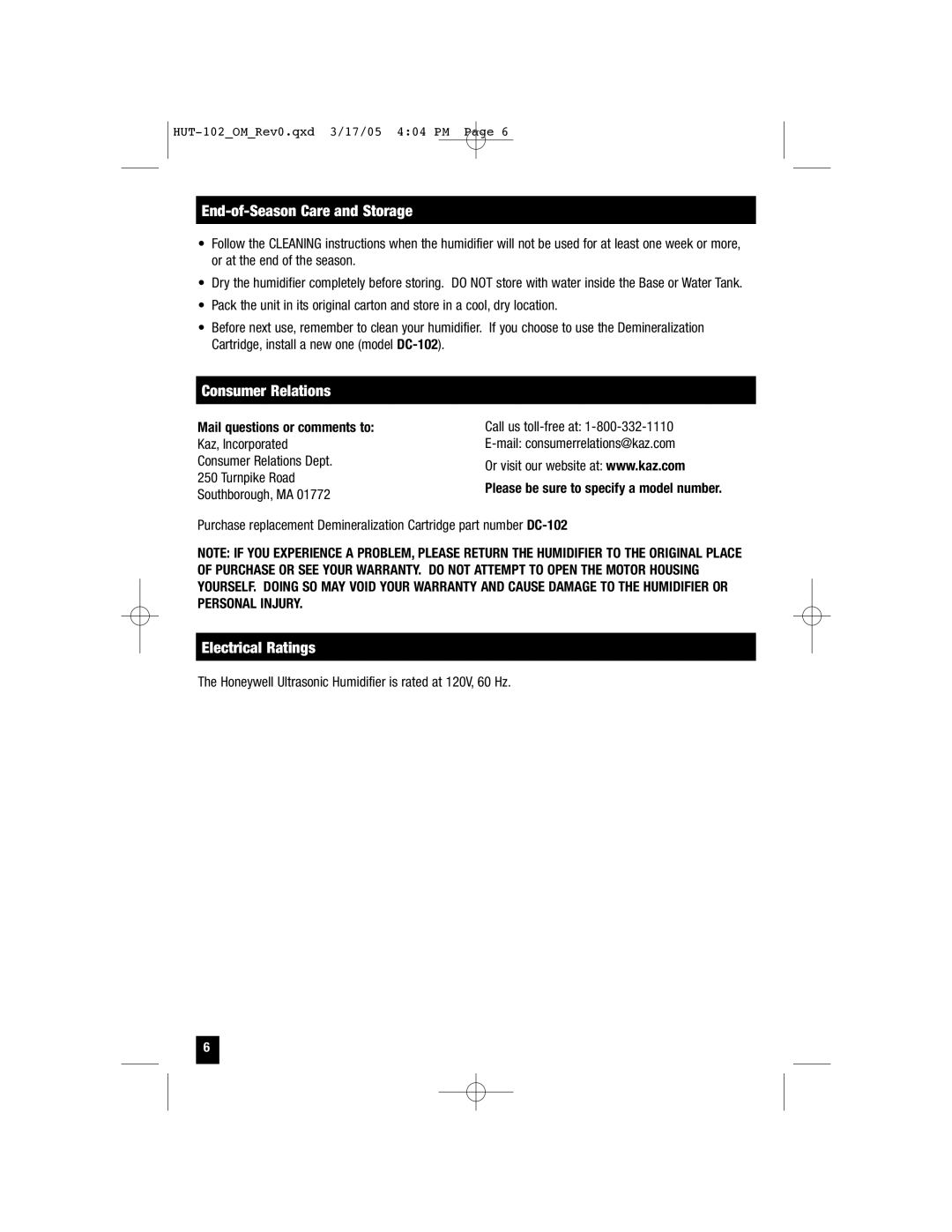 Honeywell HUT-102 important safety instructions End-of-Season Care and Storage, Consumer Relations, Electrical Ratings 