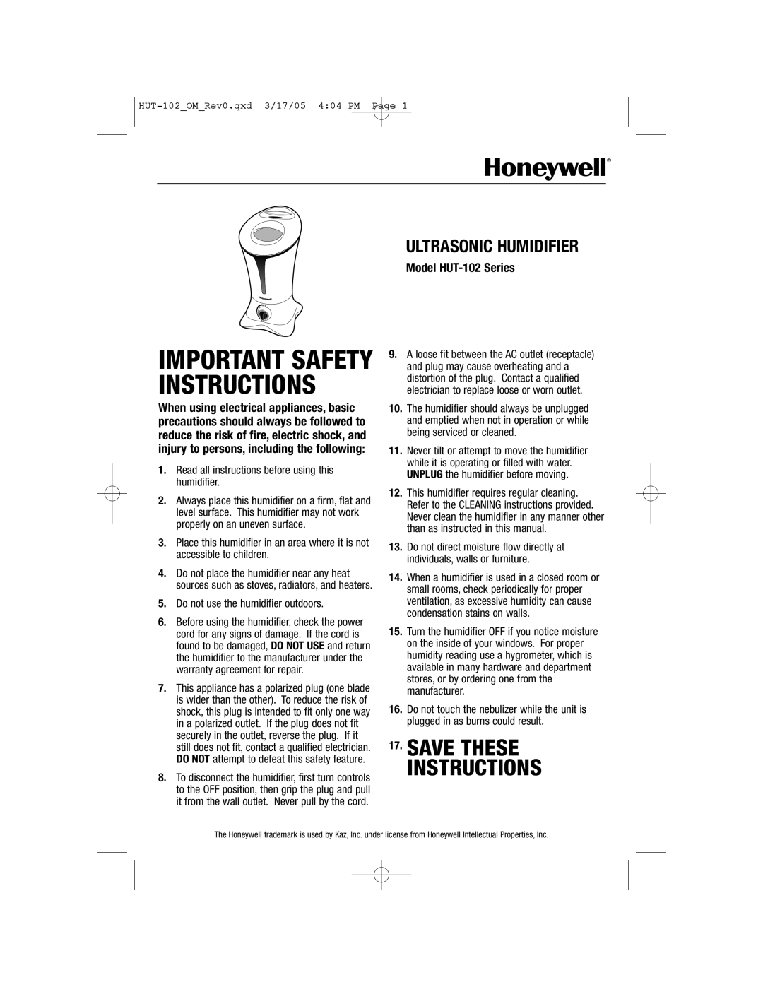 Honeywell important safety instructions Save These Instructions, Ultrasonic Humidifier, Model HUT-102Series 