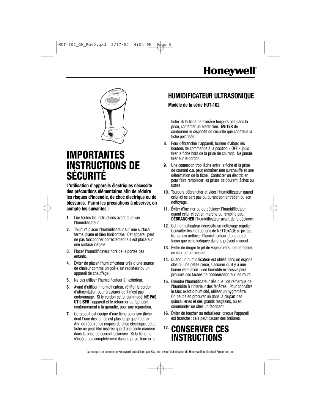Honeywell Conserver Ces Instructions, Humidificateur Ultrasonique, Modèle de la série HUT-102 