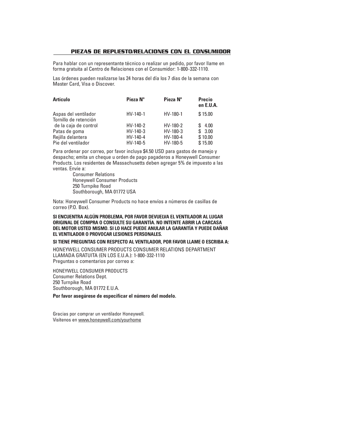 Honeywell HV140, HV180 owner manual Piezas DE REPUESTO/RELACIONES CON EL Consumidor, Artículo Pieza Nº Precio 