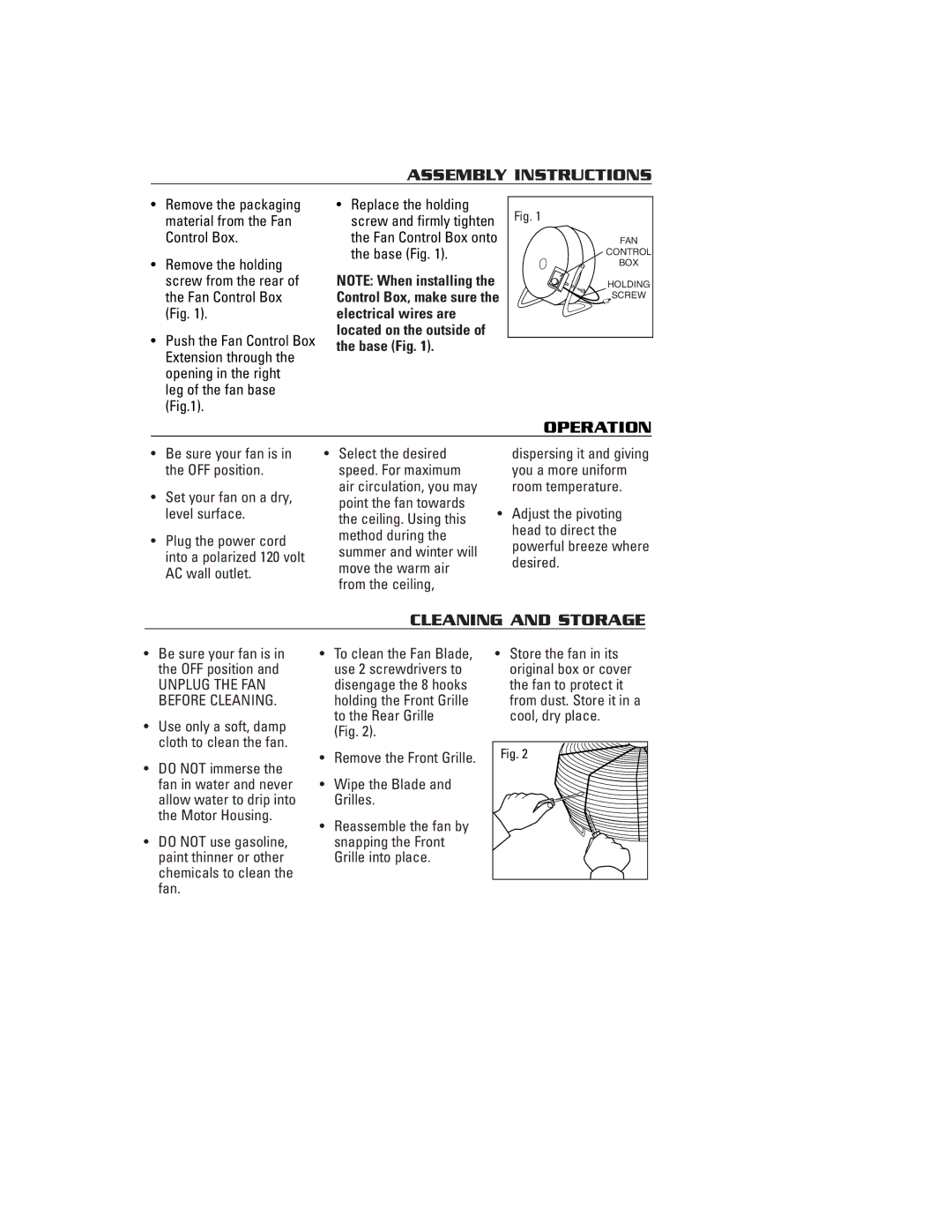 Honeywell HV180 Assembly Instructions, Operation, Cleaning and Storage, Leg of the fan base, Wipe the Blade and Grilles 